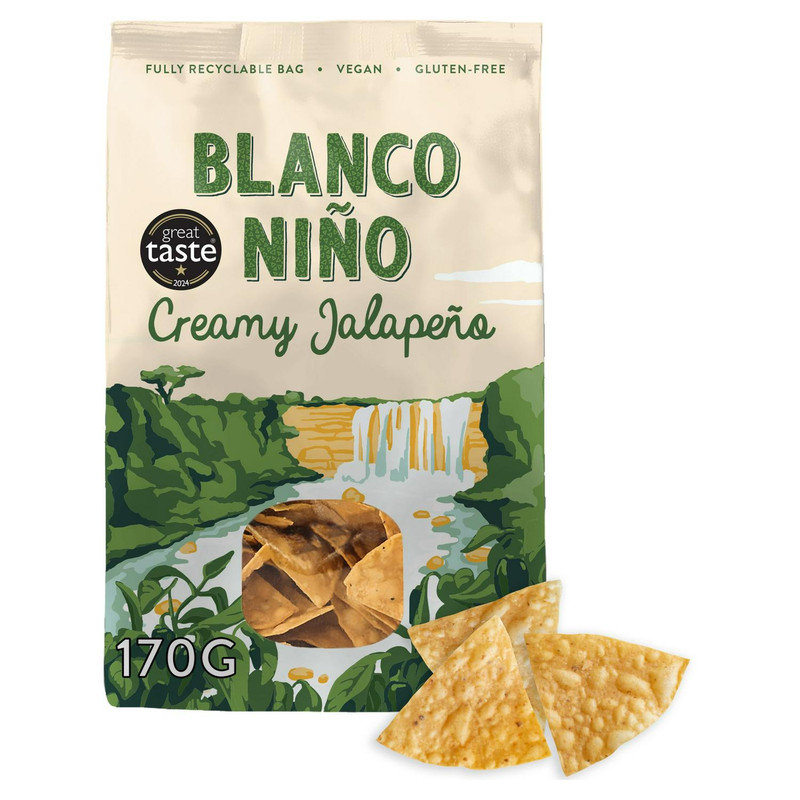 Blanco Niño Creamy Jalapeño Tortilla Chips, 170g, front of pack, available at crisps.biz