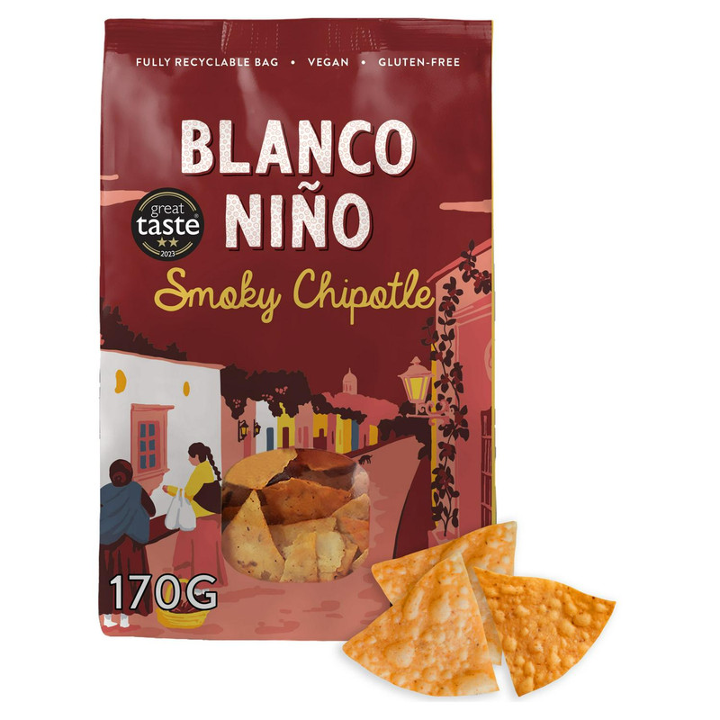 Blanco Niño Smoky Chipotle Tortilla Chips, 170g, front of pack, available at crisps.biz