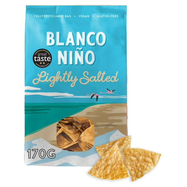 Blanco Niño White Corn Tortilla Chips with Celestun Salt, 170g, front of pack, available at crisps.biz