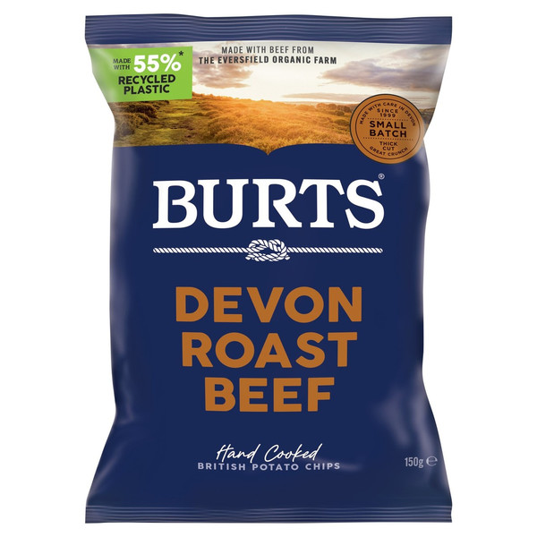 Burts Devon Roast Beef Crisps, 150g, front of pack, available at crisps.biz