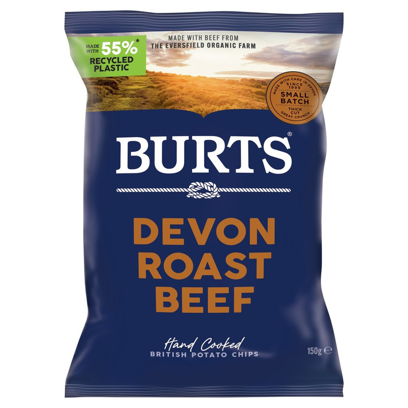 Burts Devon Roast Beef Crisps, 150g, front of pack, available at crisps.biz