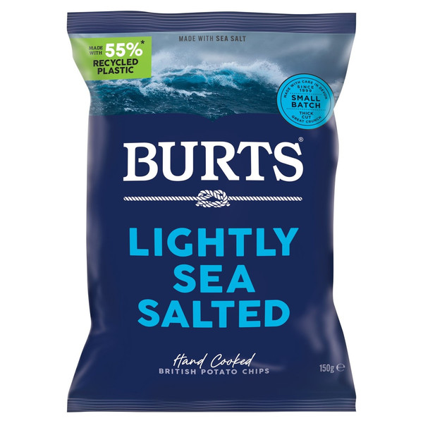 Burts Lightly Sea Salted Crisps, 150g, front of pack, available at crisps.biz