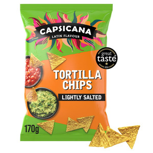 Capsicana Lightly Salted Tortilla Chips, 170g, front of pack, available at crisps.biz