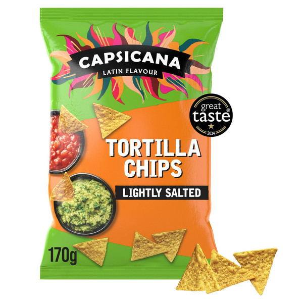 Capsicana Lightly Salted Tortilla Chips, 170g, front of pack, available at crisps.biz