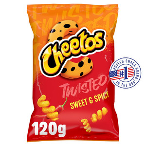 Cheetos Twisted Sweet and Spicy Snacks, 120g, front of pack, available at crisps.biz