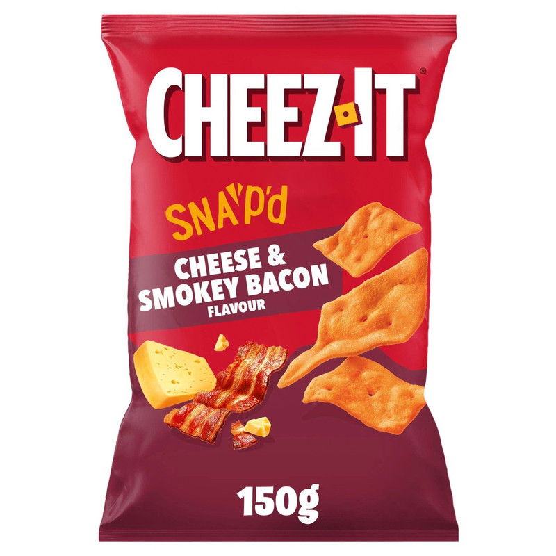 Cheez-It Cheese and Smokey Bacon Thin and Crispy Baked Snacks, 150g, front of pack, available at crisps.biz