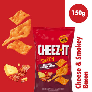 Cheez-It Cheese and Smokey Bacon Thin and Crispy Baked Snacks, 150g, pack shot 2, available at crisps.biz