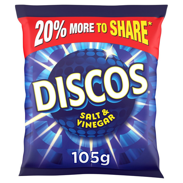 Discos Salt and Vinegar Crisps, 105g, front of pack, available at crisps.biz