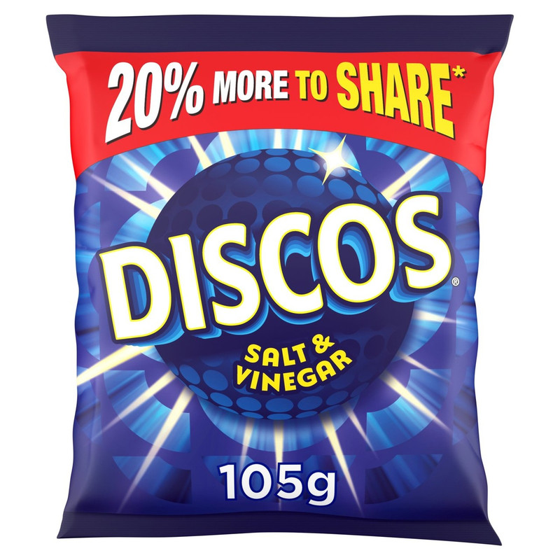 Discos Salt and Vinegar Crisps, 105g, front of pack, available at crisps.biz