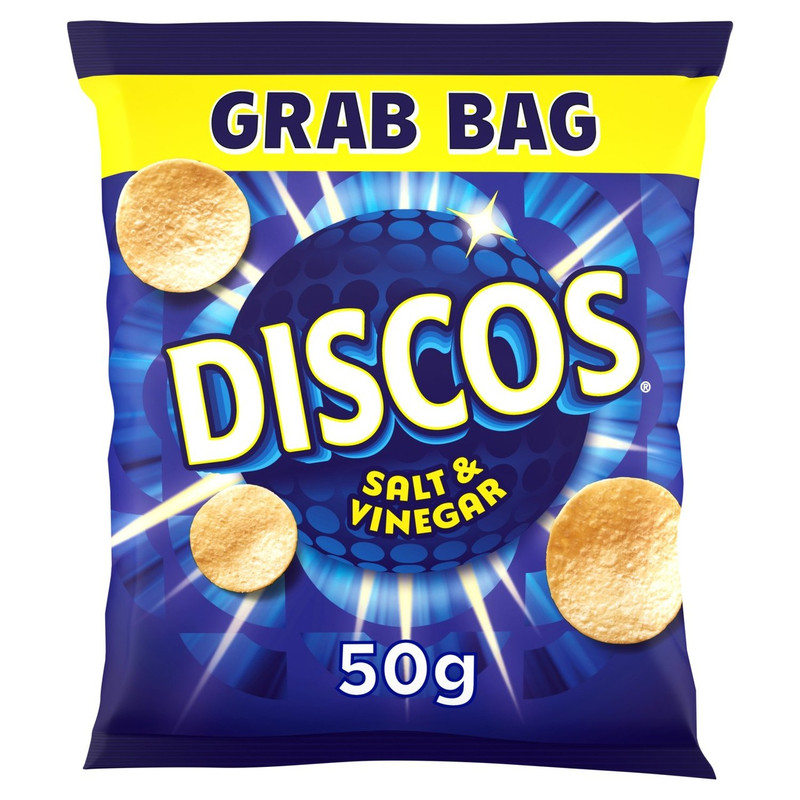 Discos Salt and Vinegar Crisps, 50g, front of pack, available at crisps.biz