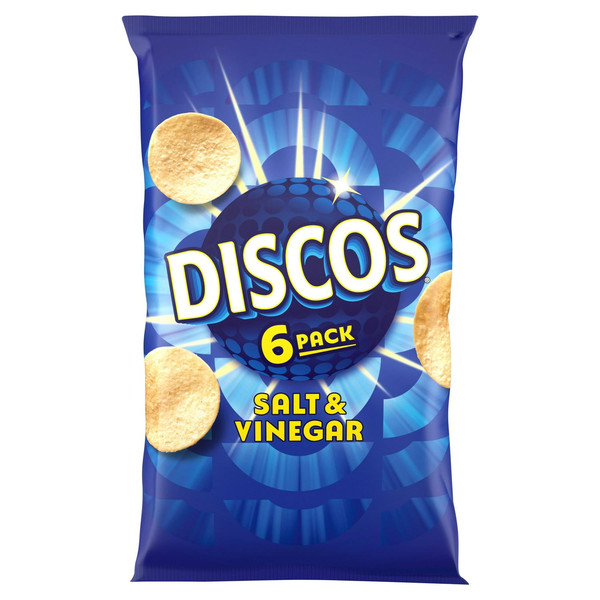 Discos Salt and Vinegar Crisps, 6 Pack, front of pack, available at crisps.biz