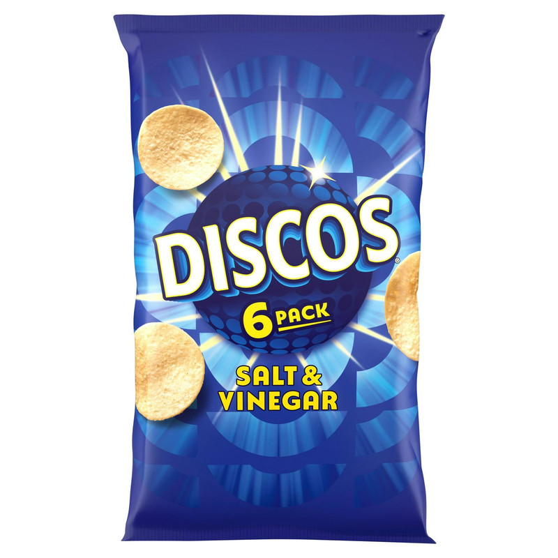 Discos Salt and Vinegar Crisps, 6 Pack, front of pack, available at crisps.biz