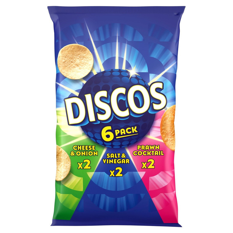 Discos Variety Crisps, 6 x 25.5g, front of pack, available at crisps.biz
