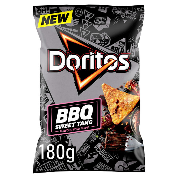 Doritos BBQ Sweet Tang Tortilla Chips, 180g, front of pack, available at crisps.biz