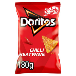 Doritos Chilli Heatwave Tortilla Chips, 180g, front of pack, available at crisps.biz