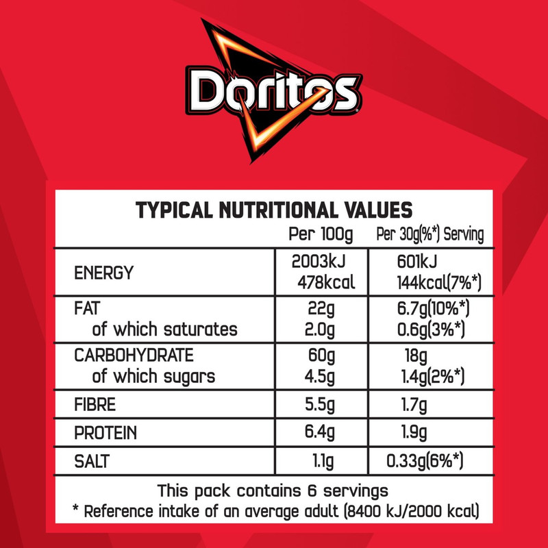 Doritos Chilli Heatwave Tortilla Chips, 180g, pack shot 4, available at crisps.biz