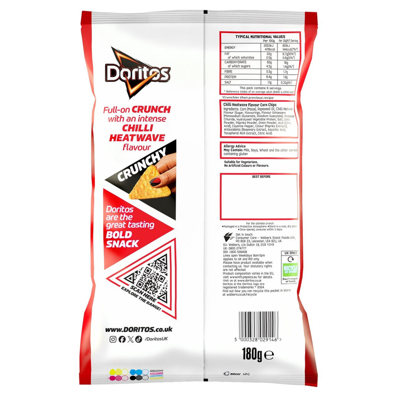 Doritos Chilli Heatwave Tortilla Chips, 180g, pack shot 5, available at crisps.biz