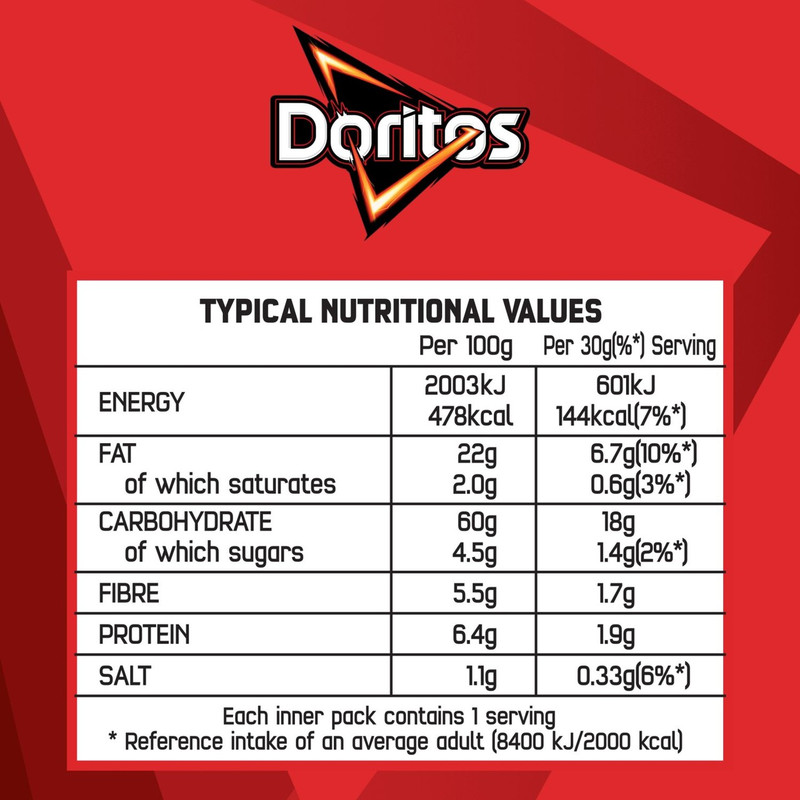 Doritos Chilli Heatwave Tortilla Chips, 5 x 30g, pack shot 2, available at crisps.biz