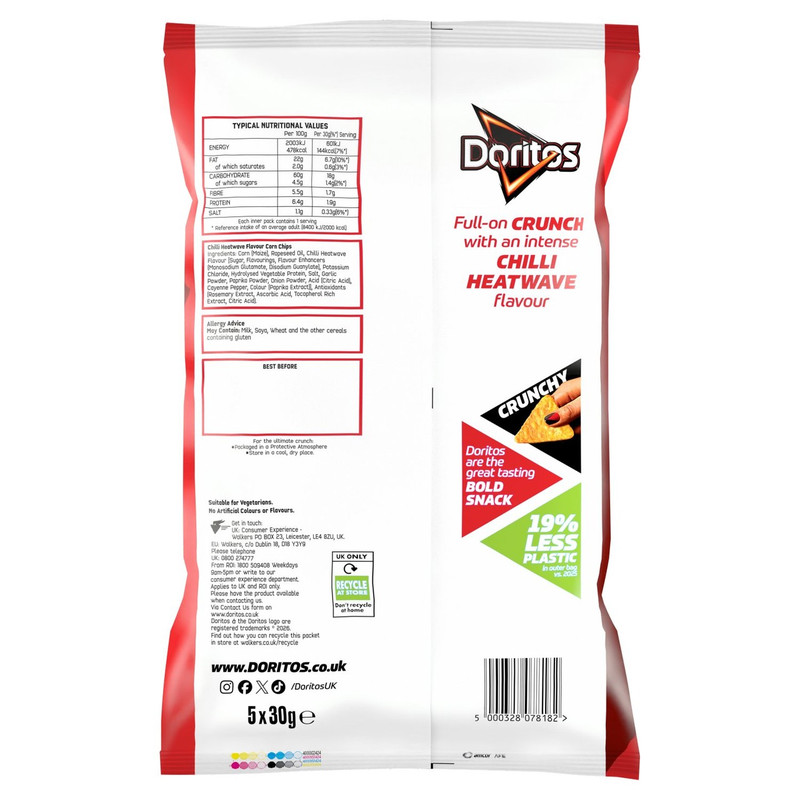 Doritos Chilli Heatwave Tortilla Chips, 5 x 30g, pack shot 4, available at crisps.biz
