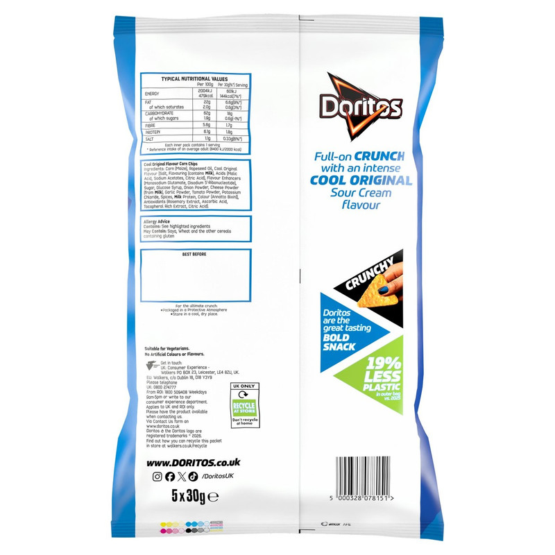 Doritos Cool Original Tortilla Chips, 5 x 30g, pack shot 2, available at crisps.biz