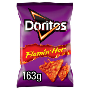 Doritos Extra Flamin Hot Tortilla Chips, 163g, front of pack, available at crisps.biz
