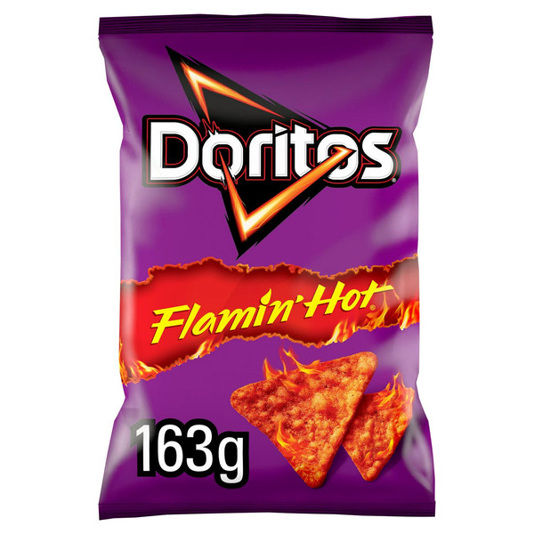 Doritos Extra Flamin Hot Tortilla Chips, 163g, front of pack, available at crisps.biz