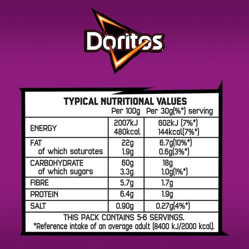Doritos Extra Flamin Hot Tortilla Chips, 163g, pack shot 2, available at crisps.biz