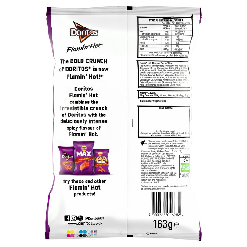 Doritos Extra Flamin Hot Tortilla Chips, 163g, pack shot 4, available at crisps.biz