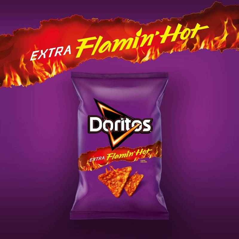 Doritos Extra Flamin Hot Tortilla Chips, 163g, pack shot 5, available at crisps.biz