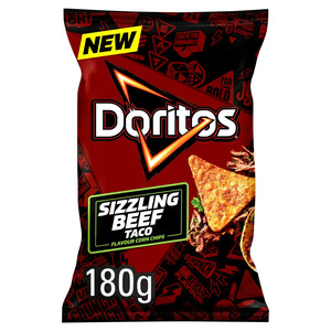 Doritos Sizzling Beef Taco Tortilla Chips, 180g, front of pack, available at crisps.biz