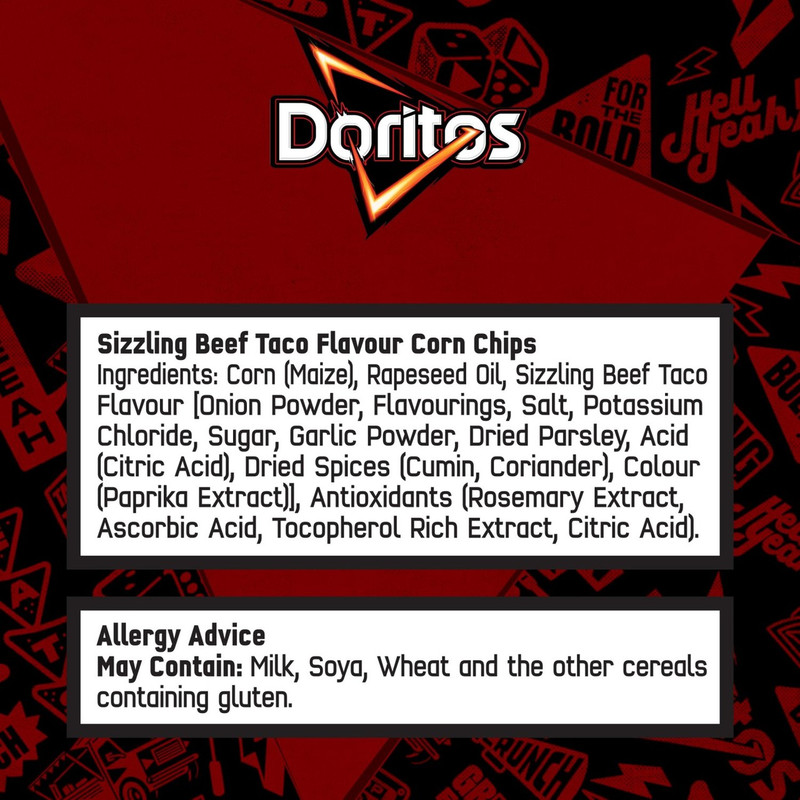 Doritos Sizzling Beef Taco Tortilla Chips, 180g, pack shot 3, available at crisps.biz