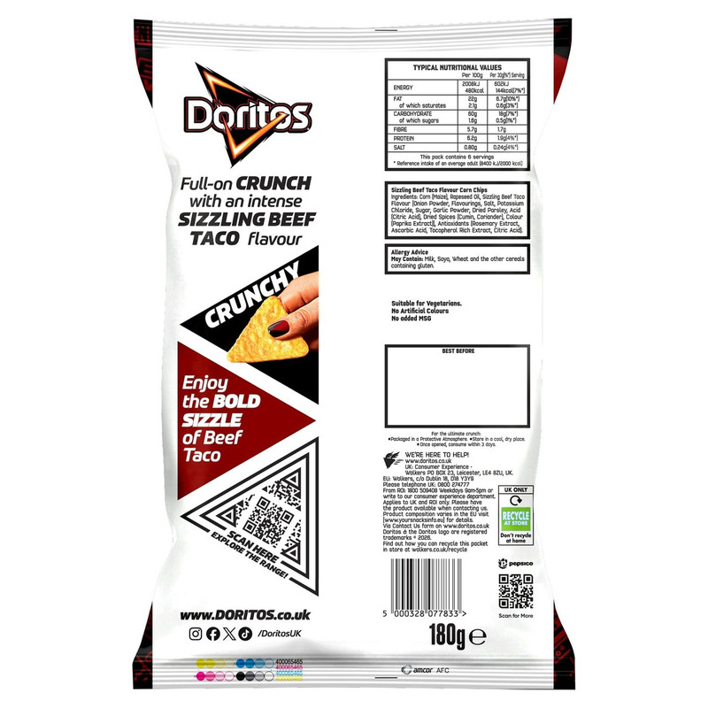 Doritos Sizzling Beef Taco Tortilla Chips, 180g, pack shot 4, available at crisps.biz