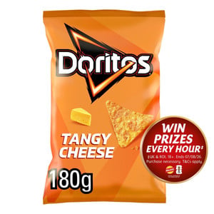 Doritos Tangy Cheese Tortilla Chips, 180g, front of pack, available at crisps.biz