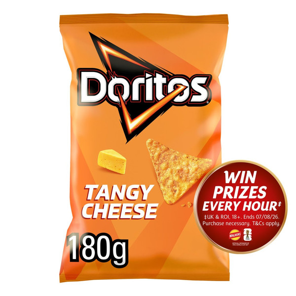 Doritos Tangy Cheese Tortilla Chips, 180g, front of pack, available at crisps.biz