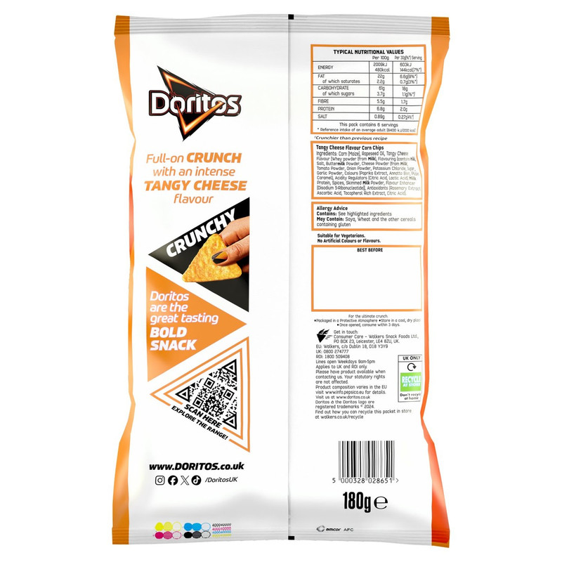 Doritos Tangy Cheese Tortilla Chips, 180g, pack shot 2, available at crisps.biz