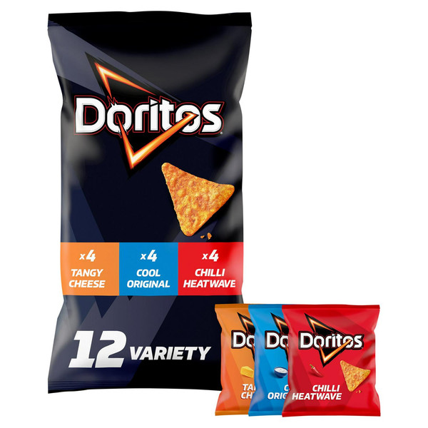 Doritos Variety Tortilla Chips, 12 x 30g, front of pack, available at crisps.biz