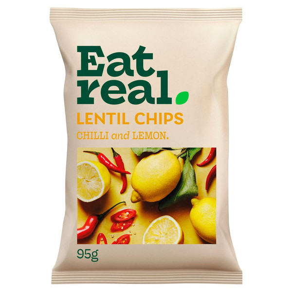 Eat Real Chilli and Lemon Lentil Chips, 95g, front of pack, available at crisps.biz
