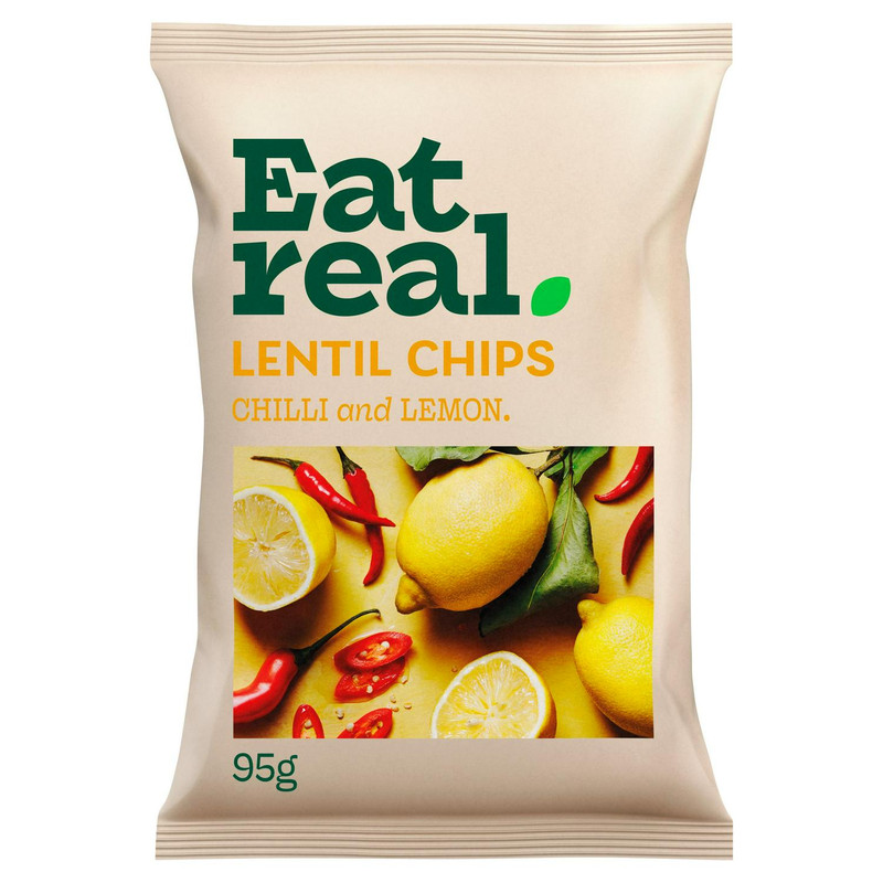 Eat Real Chilli and Lemon Lentil Chips, 95g, front of pack, available at crisps.biz