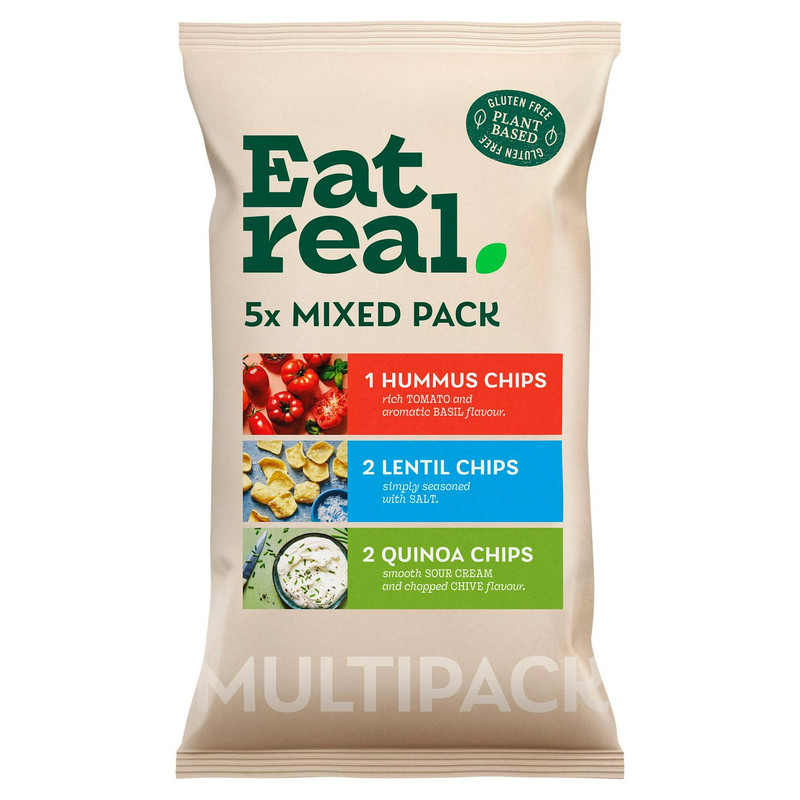 Eat Real Mixed Variety Crisps, 5 x 19.6g, front of pack, available at crisps.biz