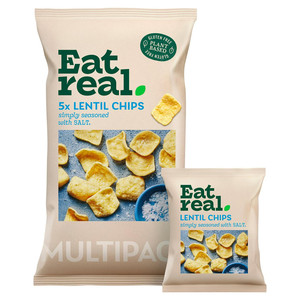 Eat Real Salted Lentil Chips, 5 x 18g, front of pack, available at crisps.biz