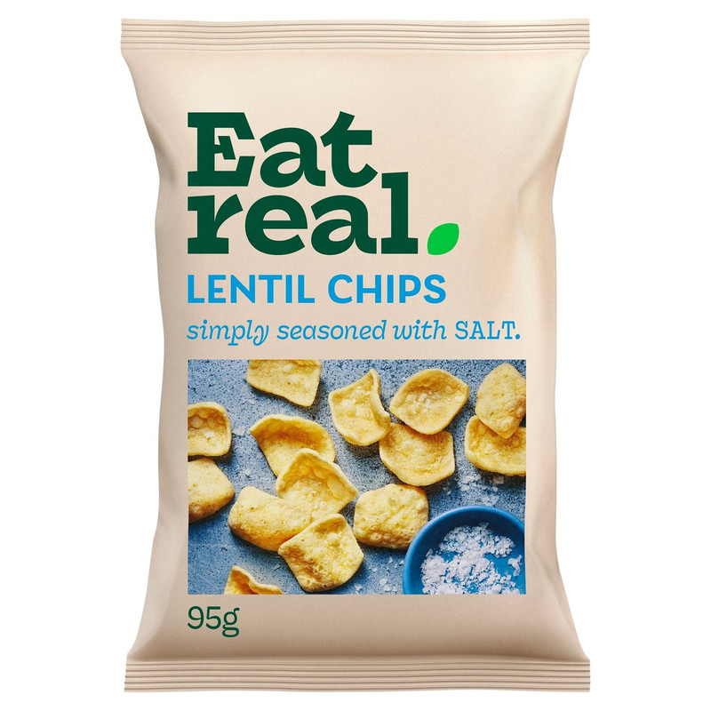 Eat Real Salted Lentil Chips, 95g, front of pack, available at crisps.biz