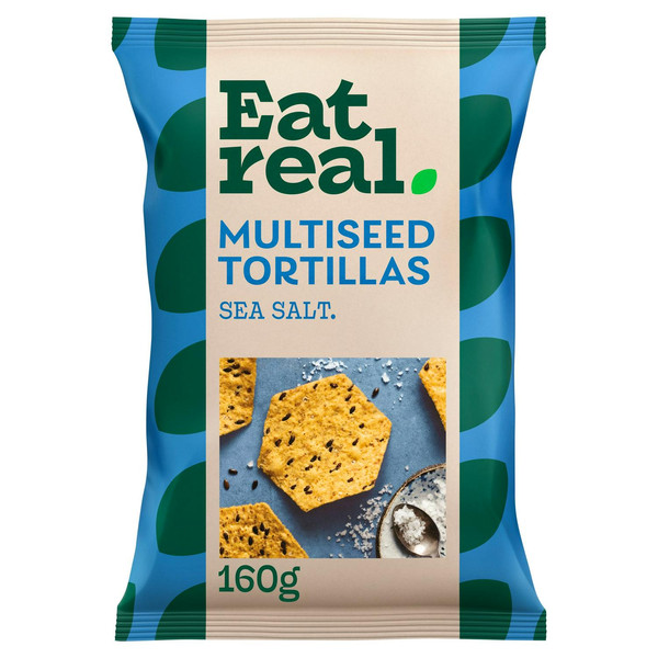 Eat Real Sea Salt Multiseed Tortillas, 160g, front of pack, available at crisps.biz
