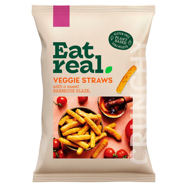 Eat Real Veggie Straws with a Sweet Barbecue Glaze, 110g, front of pack, available at crisps.biz