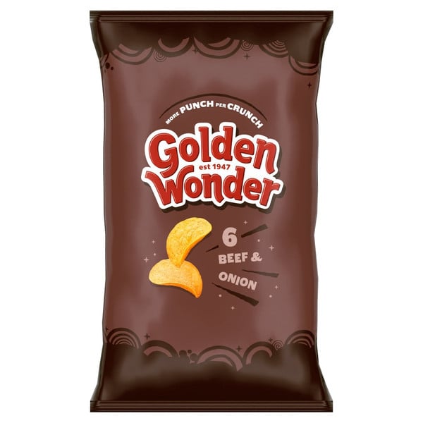 Golden Wonder Beef and Onion Crisps, 6 x 25g, front of pack, available at crisps.biz