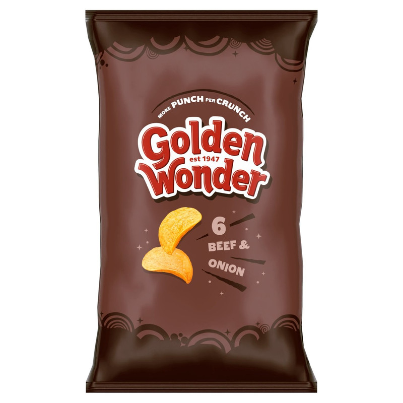 Golden Wonder Beef and Onion Crisps, 6 x 25g, front of pack, available at crisps.biz