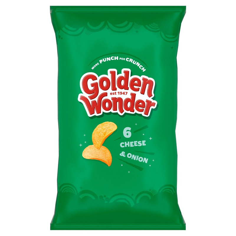 Golden Wonder Cheese and Onion Crisps, 6 x 25g, front of pack, available at crisps.biz