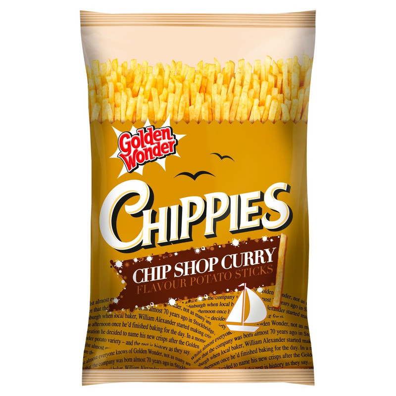 Golden Wonder Chippies Curry Potato Sticks, 100g, front of pack, available at crisps.biz