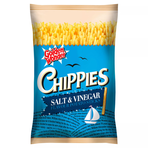Golden Wonder Chippies Salt and Vinegar Potato Sticks, 100g, front of pack, available at crisps.biz
