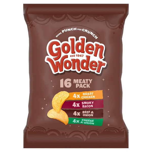 Golden Wonder Meaty Crisps, 16 x 25g, front of pack, available at crisps.biz