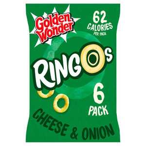 Golden Wonder Ringos Cheese and Onion Crisps, 6 x 12.5g, front of pack, available at crisps.biz